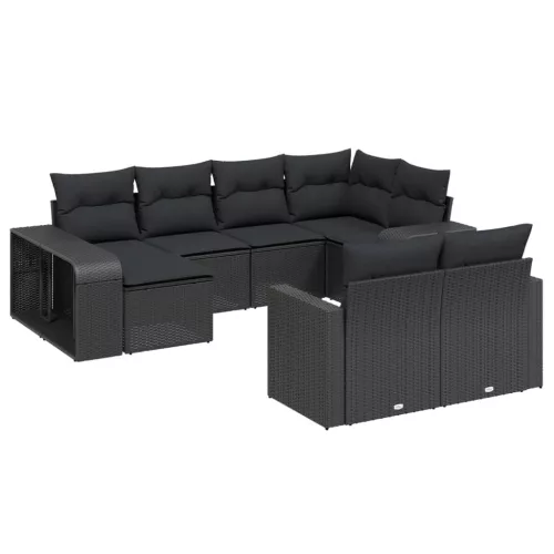  10 részes fekete polyrattan kerti ülőgarnitúra párnákkal