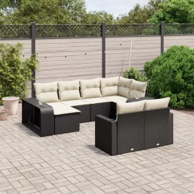    10 részes fekete polyrattan kerti ülőgarnitúra párnákkal