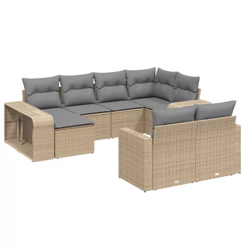  10 részes bézs polyrattan kerti ülőgarnitúra párnával