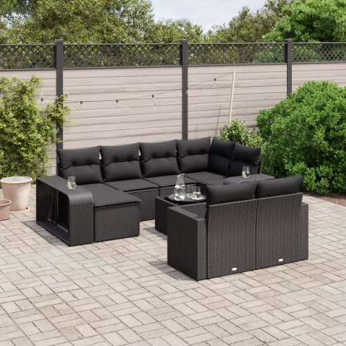  11 részes fekete polyrattan kerti ülőgarnitúra párnákkal