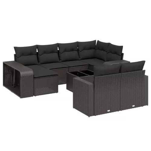  11 részes fekete polyrattan kerti ülőgarnitúra párnákkal