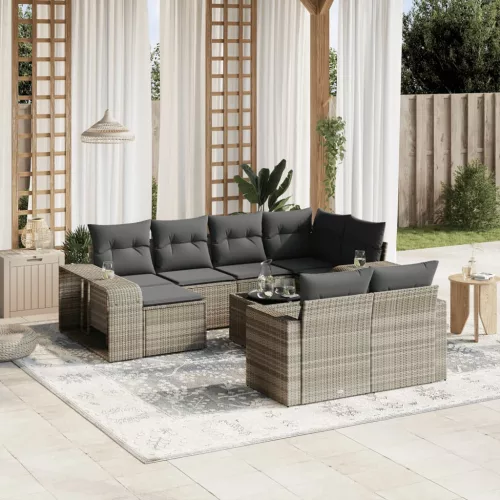  11 részes világosszürke polyrattan kerti ülőgarnitúra párnákkal