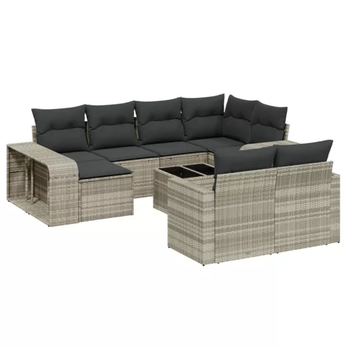  11 részes világosszürke polyrattan kerti ülőgarnitúra párnákkal