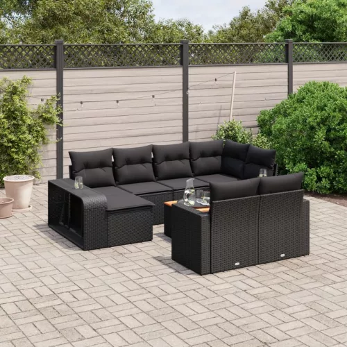 11 részes fekete polyrattan kerti ülőgarnitúra párnákkal