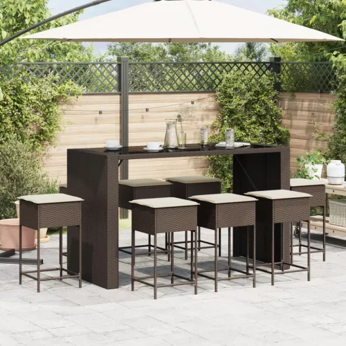  9 részes barna polyrattan kerti bárszett párnákkal