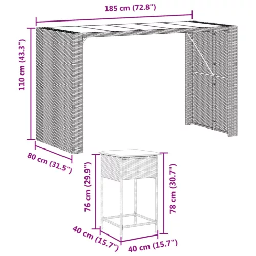  9 részes barna polyrattan kerti bárszett párnákkal