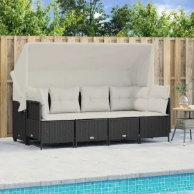  5 részes fekete polyrattan kerti kanapészett párnákkal