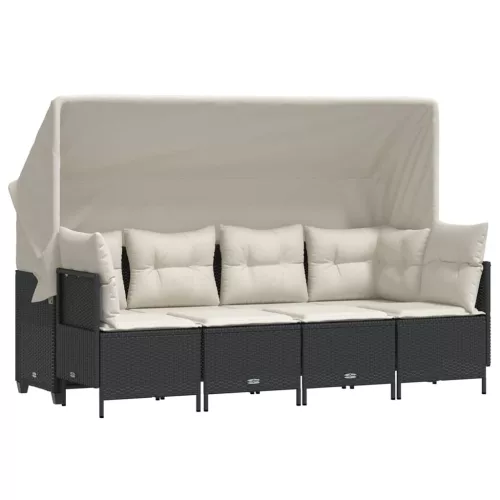 5 részes fekete polyrattan kerti kanapészett párnákkal