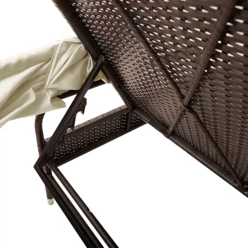  2 db barna polyrattan napozóágy tetővel és asztallal