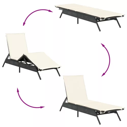  2 db fekete polyrattan napozóágy párnával