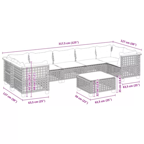  8 részes fekete polyrattan kerti ülőgarnitúra párnákkal
