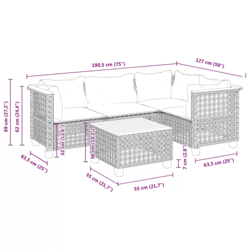  5 részes fekete polyrattan kerti kanapészett párnákkal