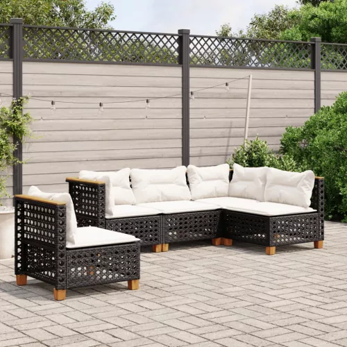  5 részes fekete polyrattan kerti kanapészett párnákkal