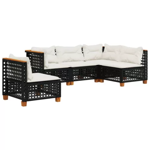  5 részes fekete polyrattan kerti kanapészett párnákkal