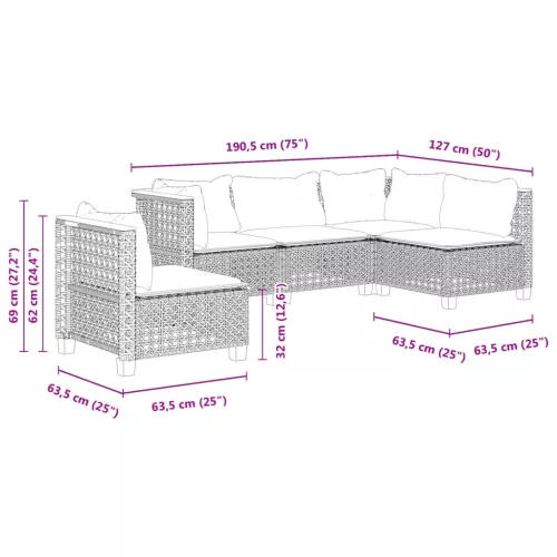  5 részes fekete polyrattan kerti kanapészett párnákkal
