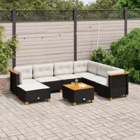    8 részes fekete polyrattan kerti ülőgarnitúra párnákkal