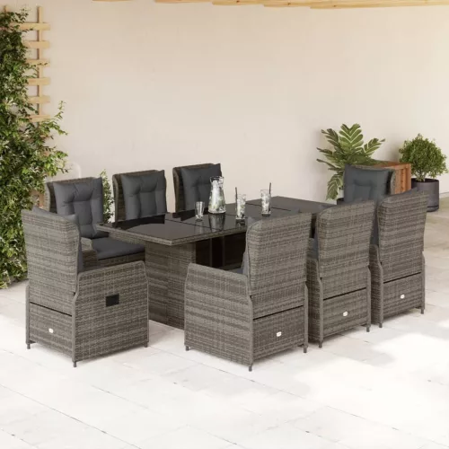  9 részes szürke polyrattan kerti étkezőgarnitúra párnával