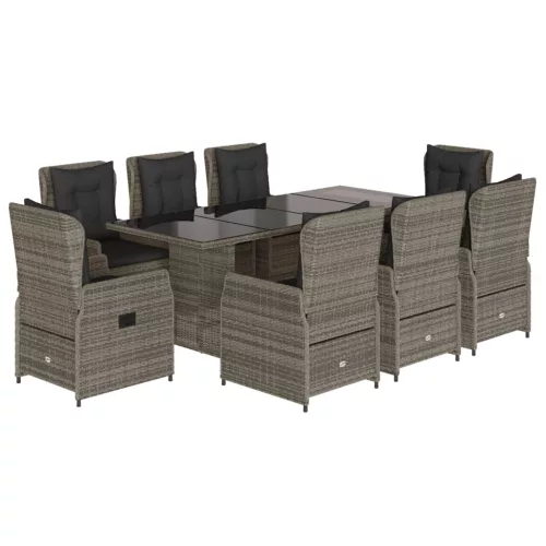  9 részes szürke polyrattan kerti étkezőgarnitúra párnával