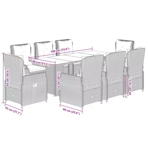  9 részes szürke polyrattan kerti étkezőgarnitúra párnával