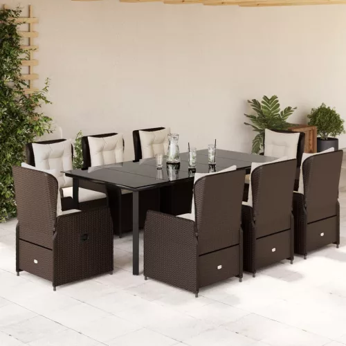  9 részes barna polyrattan kerti étkezőgarnitúra párnákkal