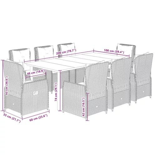  9 részes barna polyrattan kerti étkezőgarnitúra párnákkal