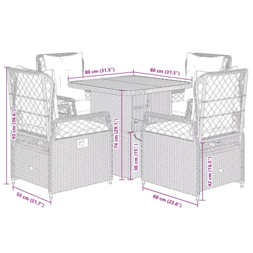  5 részes szürke polyrattan kerti étkezőgarnitúra párnával