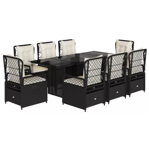  9 részes fekete polyrattan kerti étkezőgarnitúra párnákkal