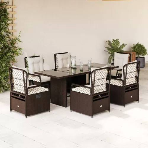  7 részes barna polyrattan kerti étkezőgarnitúra párnával