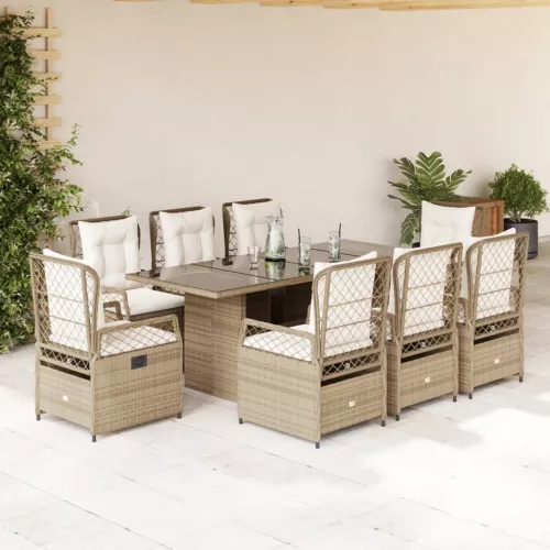  9 részes bézs polyrattan kerti étkezőgarnitúra párnákkal