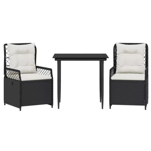  3 részes fekete polyrattan kerti étkezőgarnitúra párnákkal