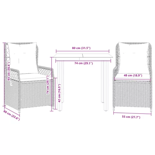  3 részes fekete polyrattan kerti étkezőgarnitúra párnákkal
