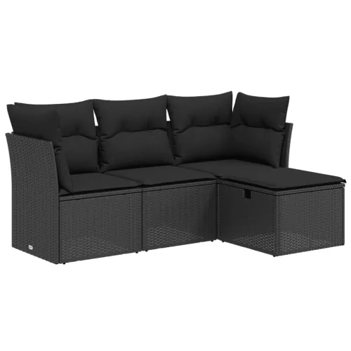  4 részes fekete polyrattan kerti ülőgarnitúra párnákkal
