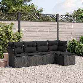  5 részes fekete polyrattan kerti kanapészett párnákkal