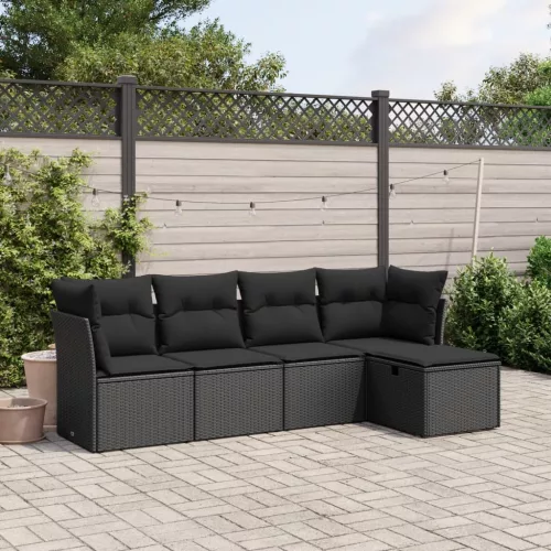  5 részes fekete polyrattan kerti kanapészett párnákkal