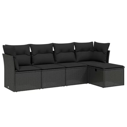  5 részes fekete polyrattan kerti kanapészett párnákkal