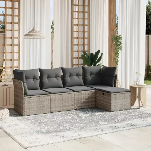  5 részes világosszürke polyrattan kerti ülőgarnitúra párnákkal