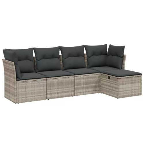  5 részes világosszürke polyrattan kerti ülőgarnitúra párnákkal