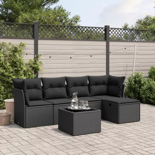  6 részes fekete polyrattan kerti ülőgarnitúra párnákkal