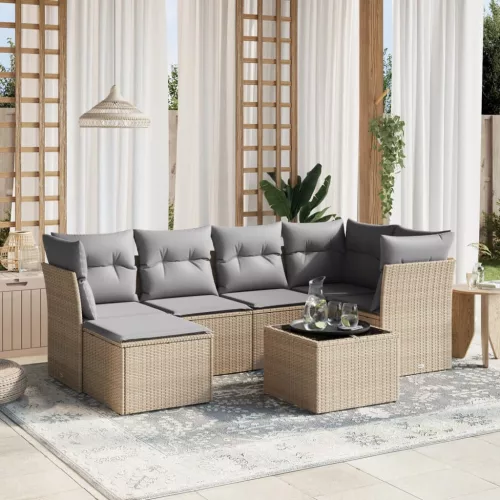  7 részes vegyes bézs polyrattan kerti ülőgarnitúra párnákkal
