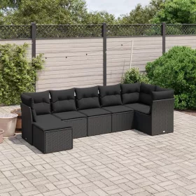    7 részes fekete polyrattan kerti ülőgarnitúra párnával