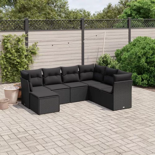  7 részes fekete polyrattan kerti ülőgarnitúra párnával