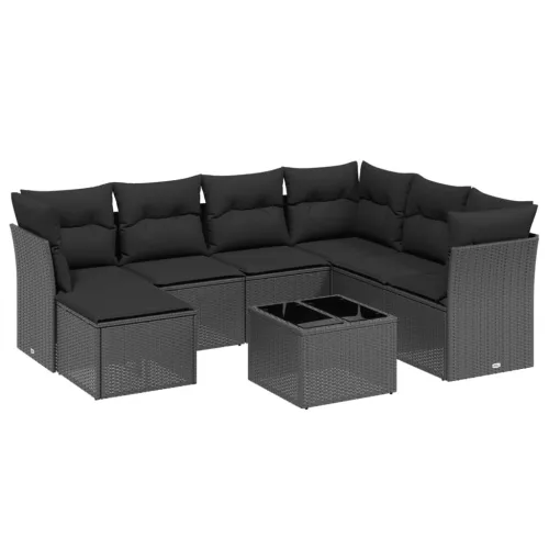  8 részes fekete polyrattan kerti ülőgarnitúra párnákkal