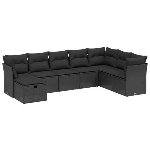  8 részes fekete polyrattan kerti ülőgarnitúra párnákkal
