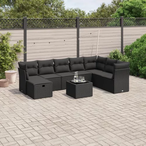  9 részes fekete polyrattan kerti ülőgarnitúra párnákkal