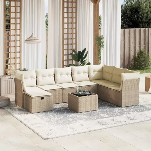 9 részes bézs polyrattan kerti ülőgarnitúra párnákkal