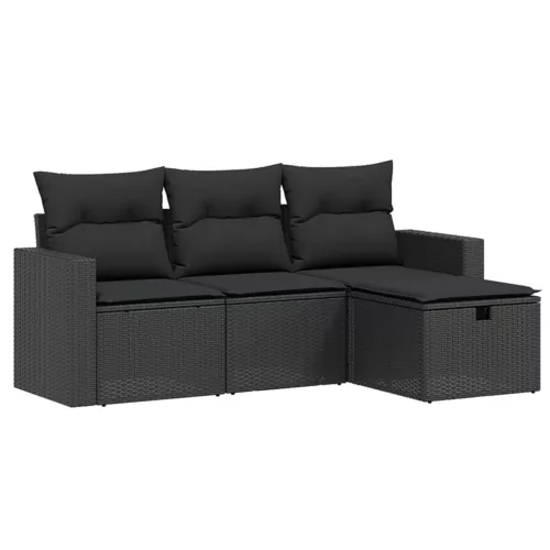  4 részes fekete polyrattan kerti ülőgarnitúra párnákkal