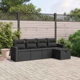  5 részes fekete polyrattan kerti kanapészett párnákkal