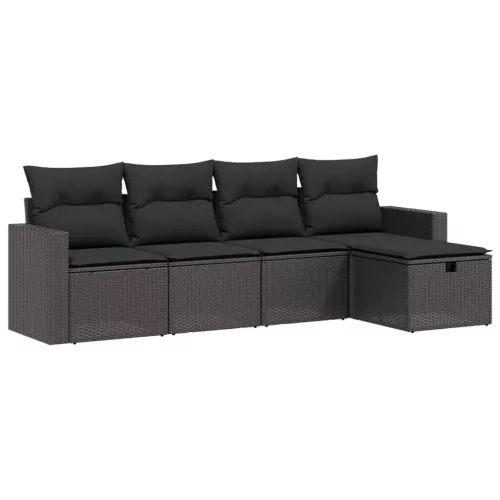  5 részes fekete polyrattan kerti kanapészett párnákkal