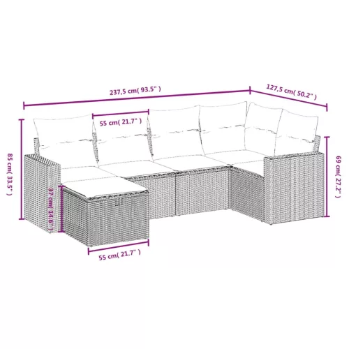  6 részes fekete polyrattan kerti ülőgarnitúra párnákkal