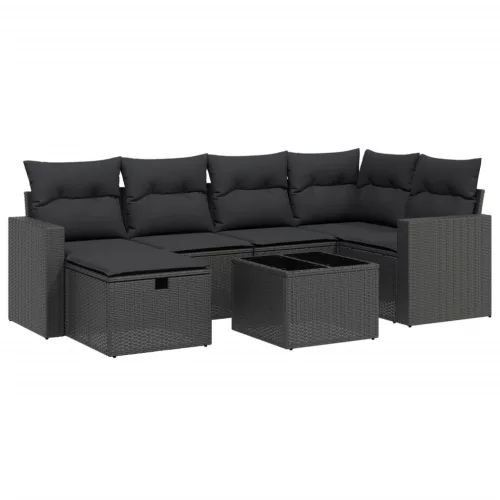  7 részes fekete polyrattan kerti ülőgarnitúra párnával